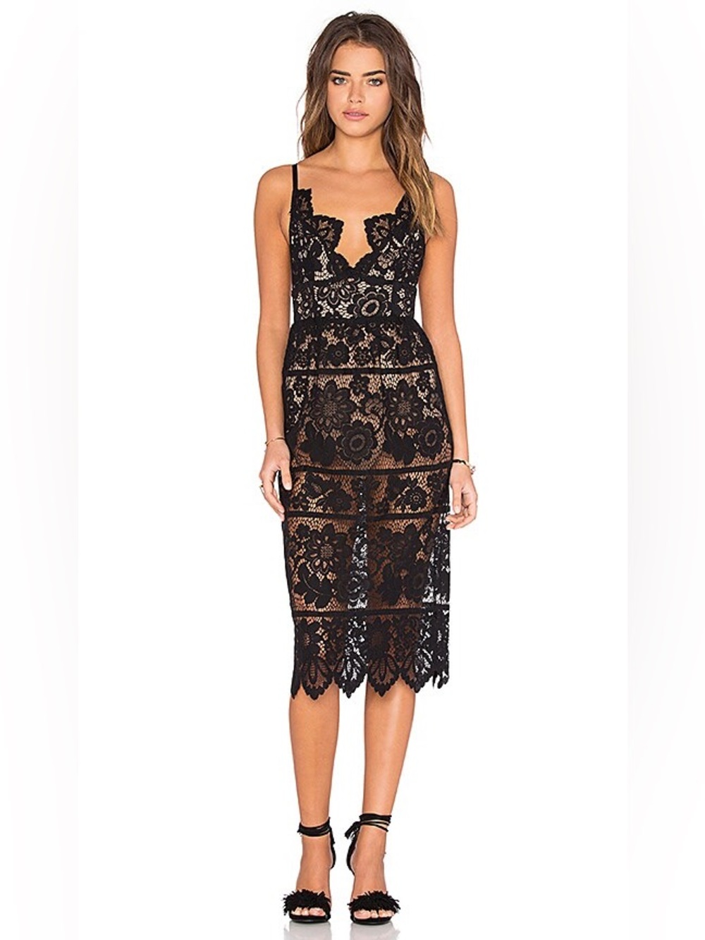 For Love & Lemons Gianna Midi Dress Size XS Black Lace Scalloped Neck NEW